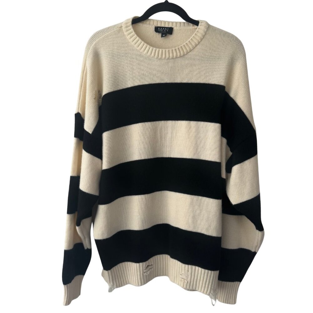 Boohooman Oversized Striped Distressed Sweater Off-White Black Men's Medium